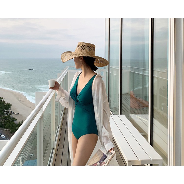 Bikini đi biển Hàn Quốc màu xanh cổ vịt sang chảnh, thiết kế xoắc ngực, tôn dáng đồ bơi một mảnh liền thân
