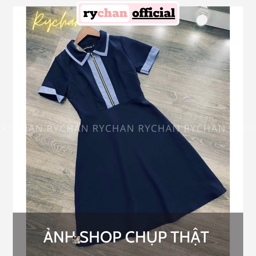 Đầm Xoè Sơ Mi Xanh Đen Khoá Kéo Trước - DX0124