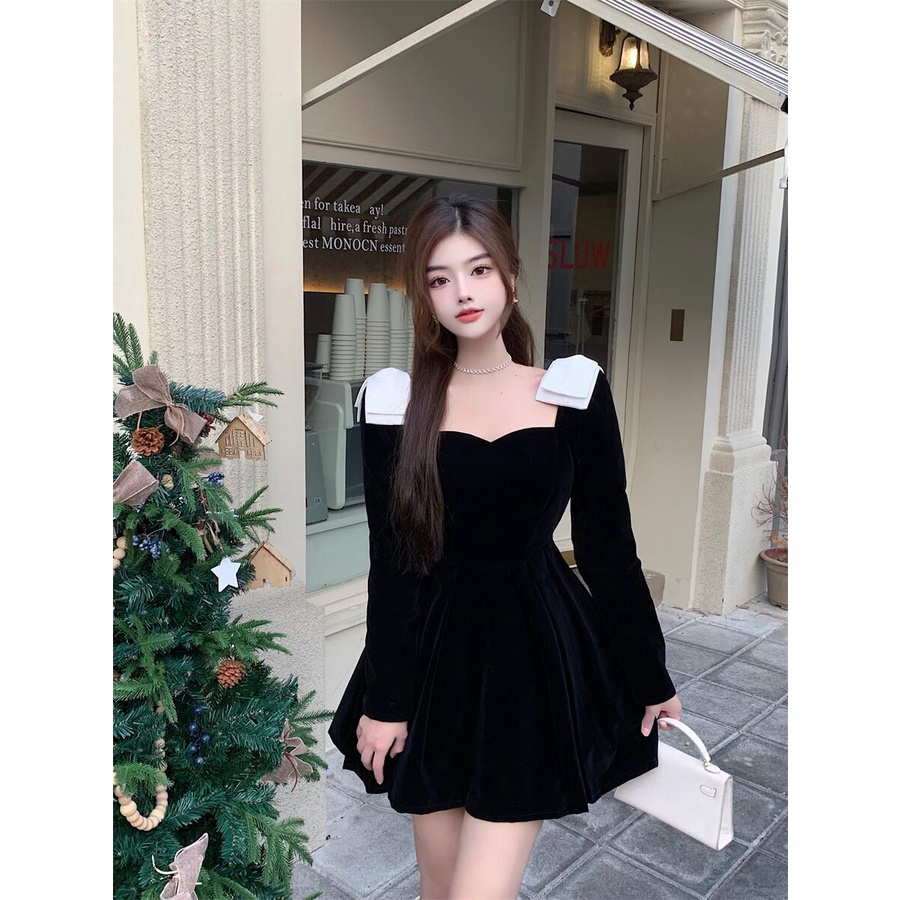 Đầm nhung dáng chữ A hàng Quảng Châu cao cấp đầu xu hướng mùa thu váy ngắn ngọt ngào phong cách tiểu thư