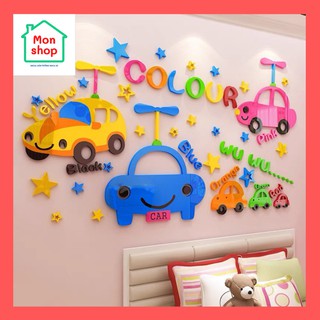 Tranh dán tường mica 3D ô tô sắc màu, phương tiện giao thông cho bé, decal mica trang trí phòng bé
