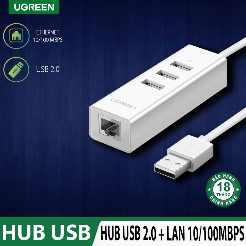 Bộ chia USB 2.0 ra 3 cổng USB+Lan100Mbps Cao Cấp Ugreen 30299 màu trắng