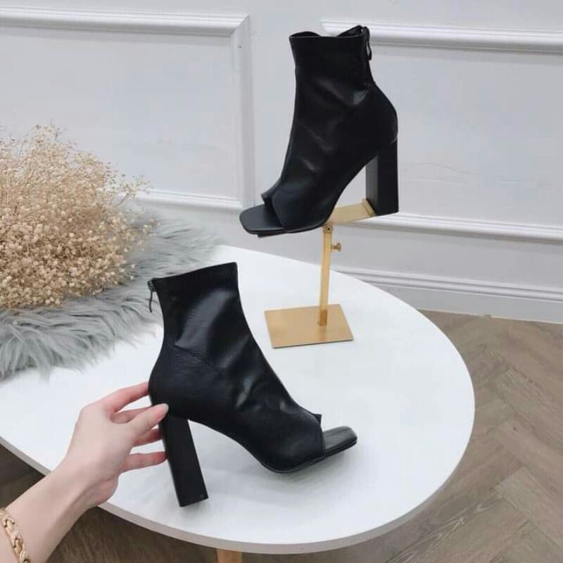 boot gót vuông xỏ ngón cao cấp hộp hoa đào