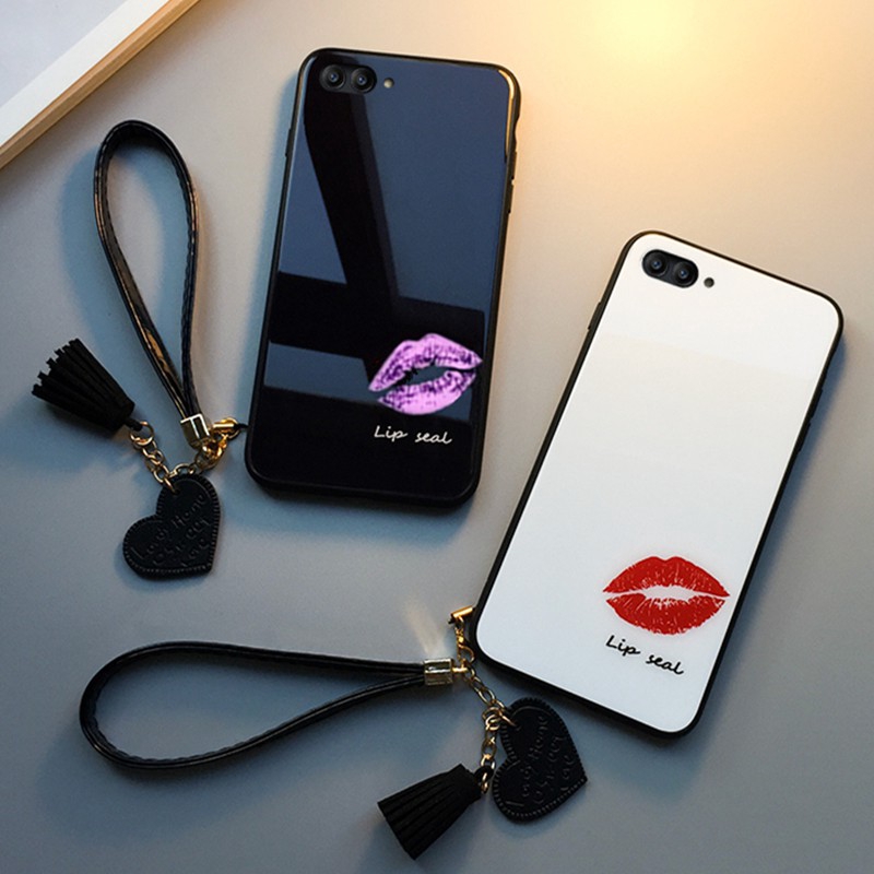 Ốp Điện Thoại Mặt Kính Cường Lực Họa Tiết Đôi Môi Kèm Dây Đeo Dành Cho iPhone SE 2020 (one) iPhone 11 Pro Max SE (2020) 4.7 '' 9