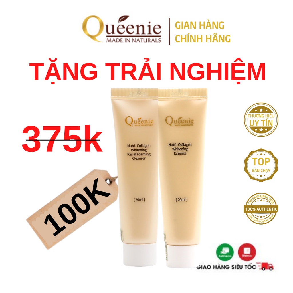 Bộ Mỹ Phẩm Trắng Da Queenie - 2 Sản Phẩm - Sữa Rửa Mặt 20ml - Tinh Chất Collagen Trắng Da 20ml