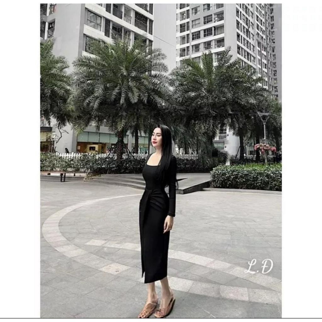 ĐẦM ĐEN BODY TAY DÀI CÚP NGỰC XẾP NHÍU XẺ (TH)