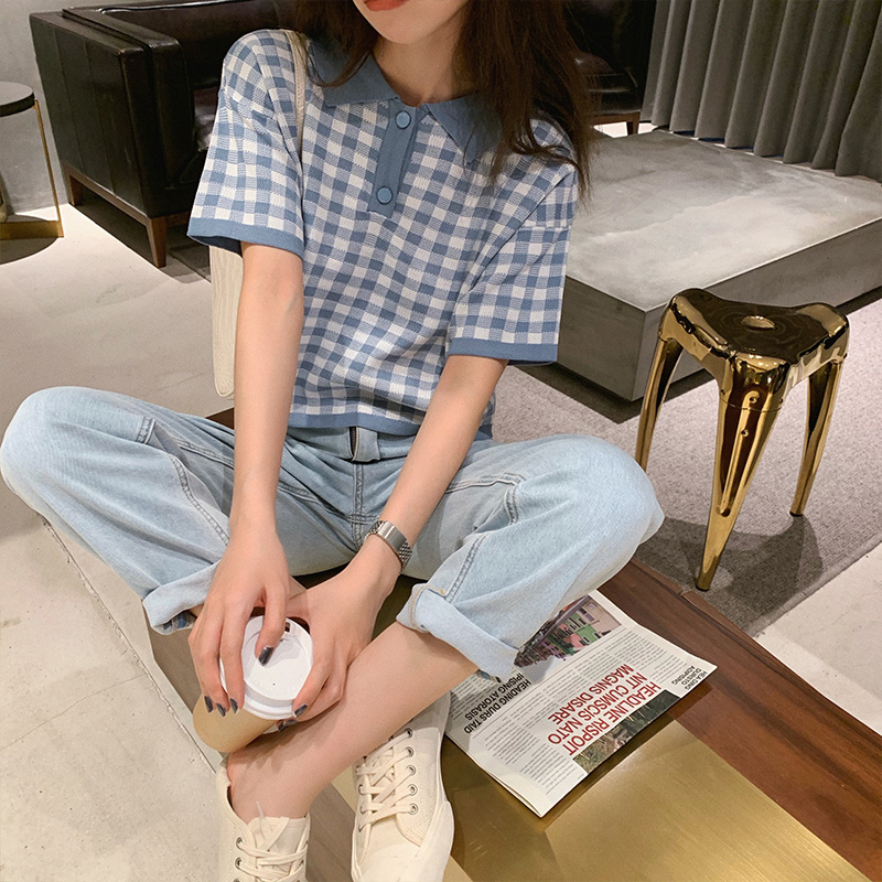 Áo thun Polo tay ngắn dáng rộng họa tiết sọc caro phong cách Hàn quốc