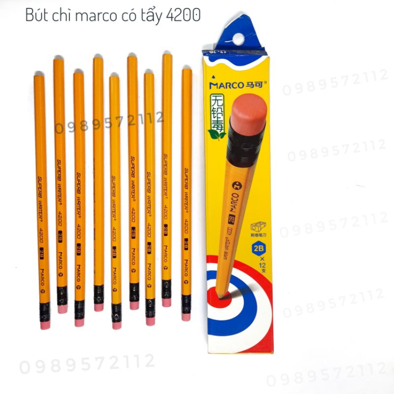 [Hộp 12 cái] Bút chì gỗ Marco 2B có tẩy kèm gọt chì 4200
