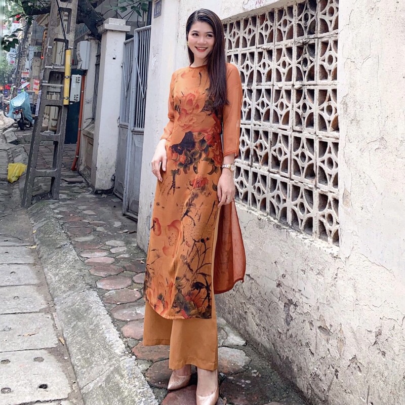 Áo dài thiết kế hoạ tiết hoa sen Thanh lịch ko kèm quần