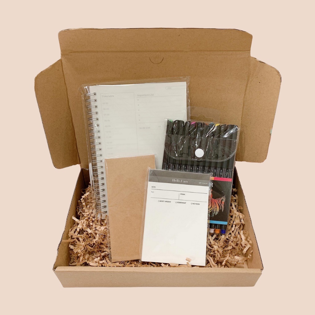 Planner Gift Box Ver. 1 - Hộp Quà Tặng Sổ Lên Kế Hoạch, Bộ 12 Bút Kim Màu, Notepad Planner, Sổ note Caro