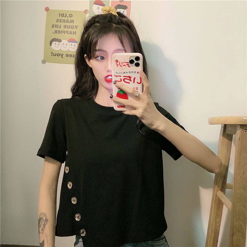 Áo Thun Nữ Tay Ngắn Cúc Xiên Vải Cotton Hàn Quốc
