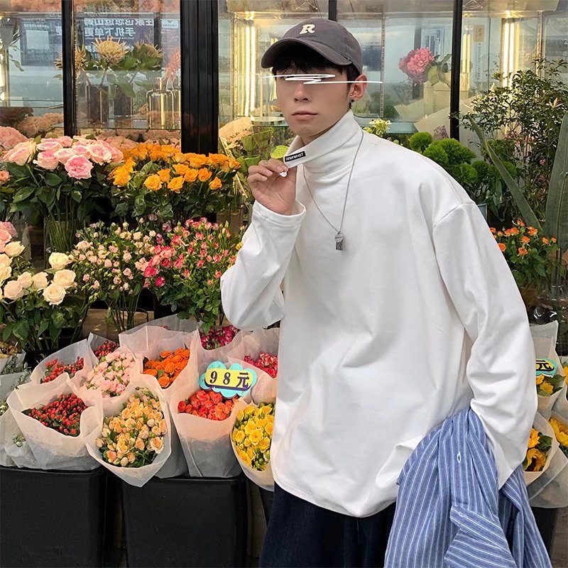 Áo thun tay dài cổ cao dáng rộng màu sắc thời trang cho nam