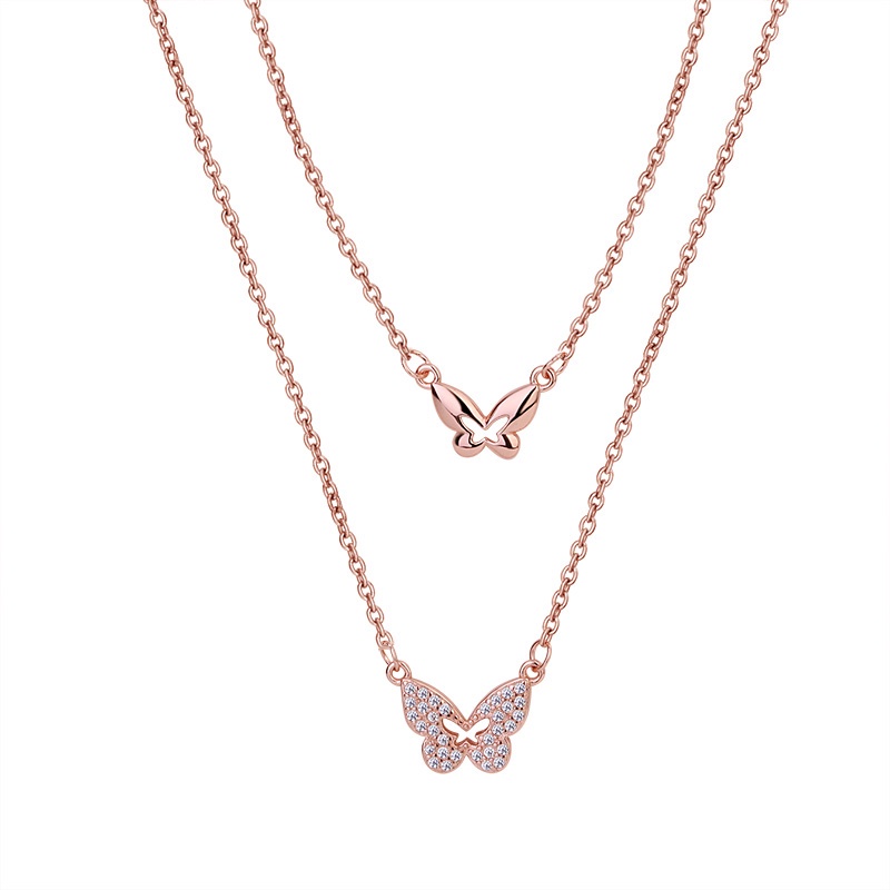 Dây Chuyền Hai Lớp Mặt Hình Bươm Bướm Dát Đá Zircon Thanh Lịch Sang Trọng Hợp Thời Trang Cho Nữ