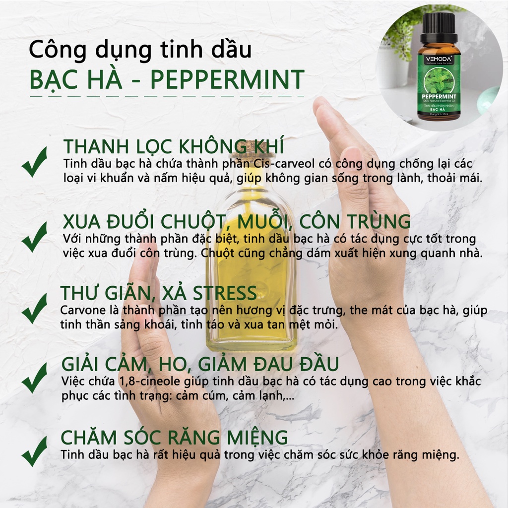 Tinh dầu xông phòng cao cấp Vemoda gồm: Cam tươi + Vỏ quế + Bạc hà (10ml/lọ)