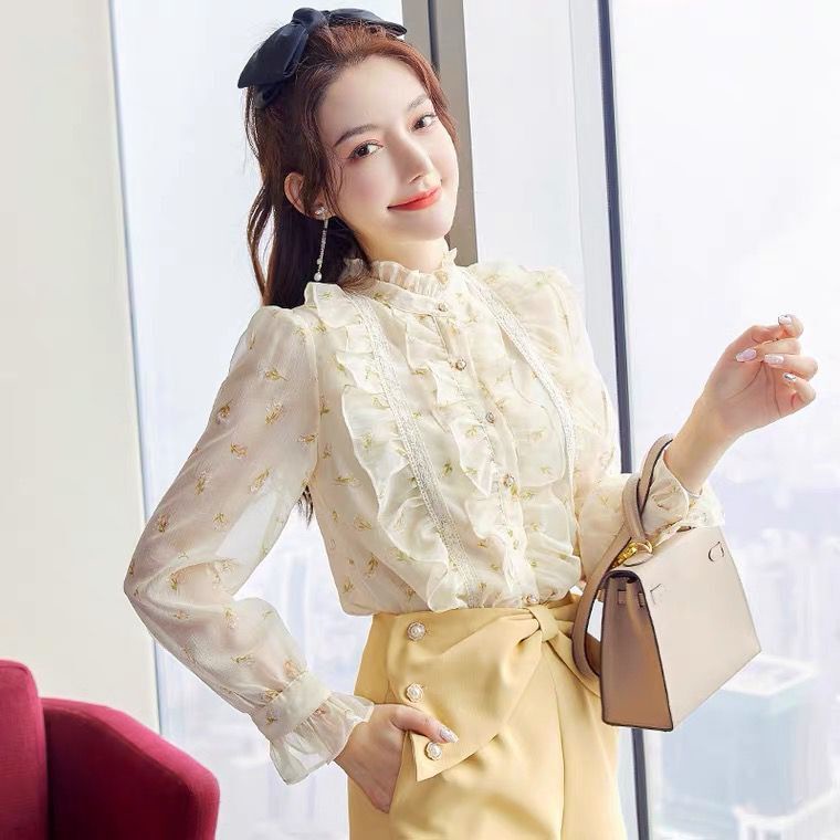 Áo Sơ Mi chiffon Tay Dài Cổ Đứng Phối Bèo Form Rộng In Họa Tiết Phong Cách Pháp Thời Trang Mùa Xuân Cho Nữ