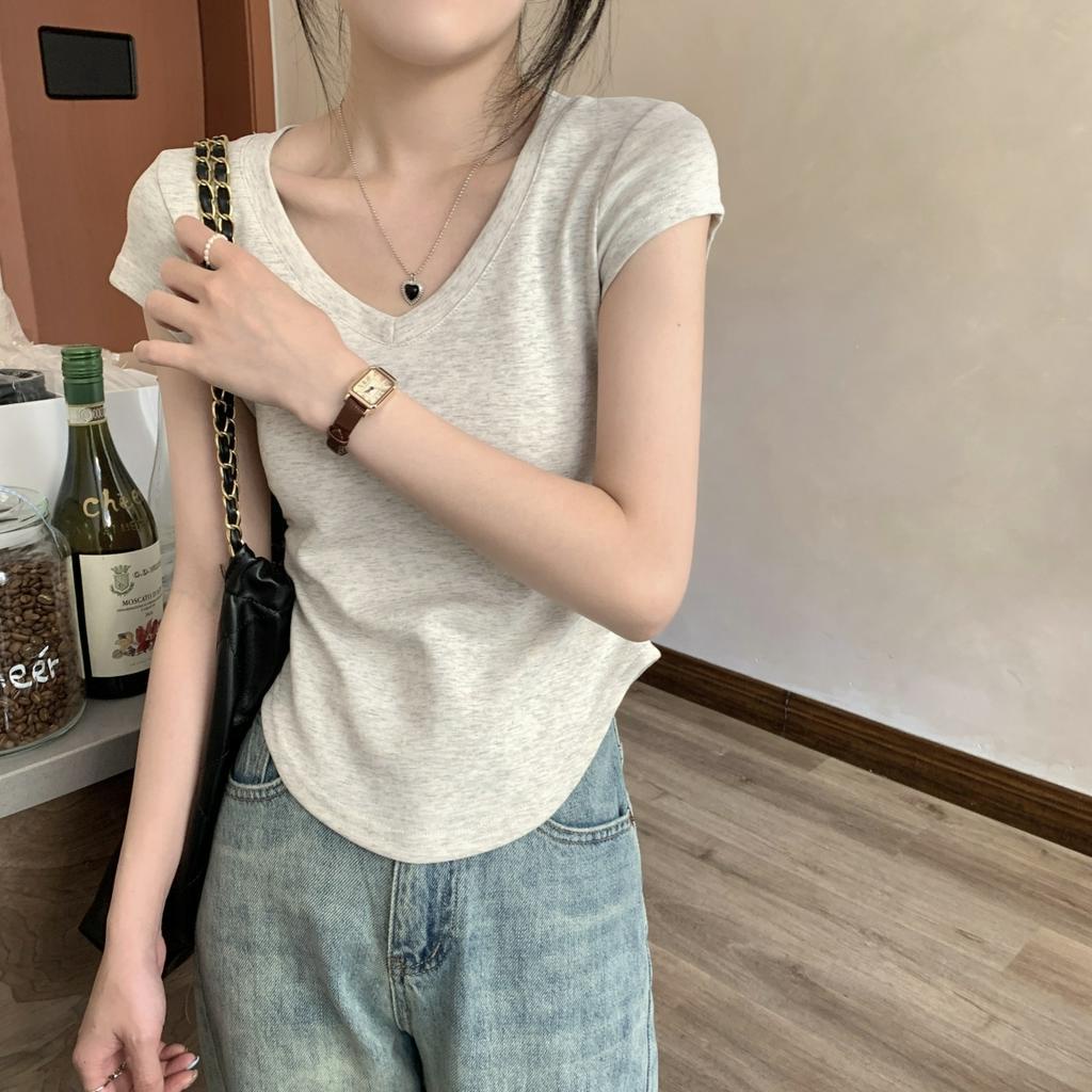 Xiaozhainv Áo Thun Tay Ngắn Cổ Chữ V Màu Trơn Dáng Ôm Thời Trang Mùa Hè Cho Nữ