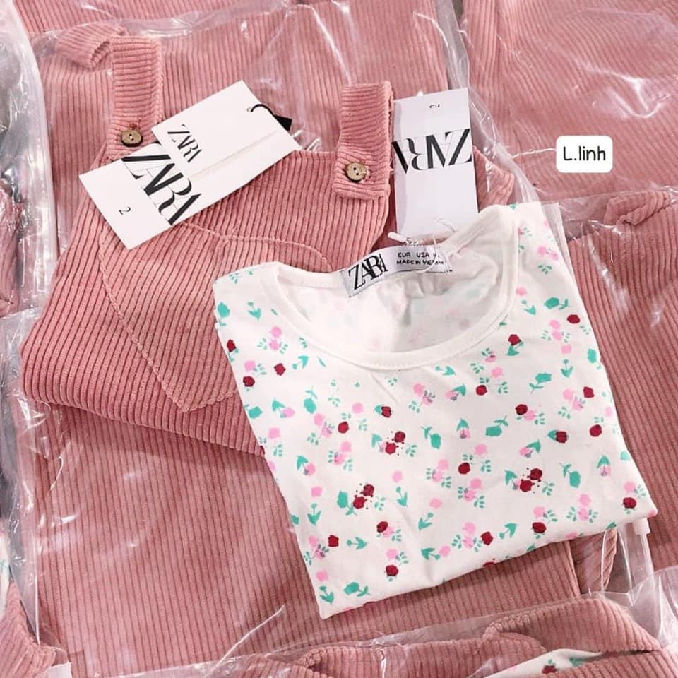 Set váy yếm nhung tăm kèm áo thun cotton Zara xuất dư bé gái