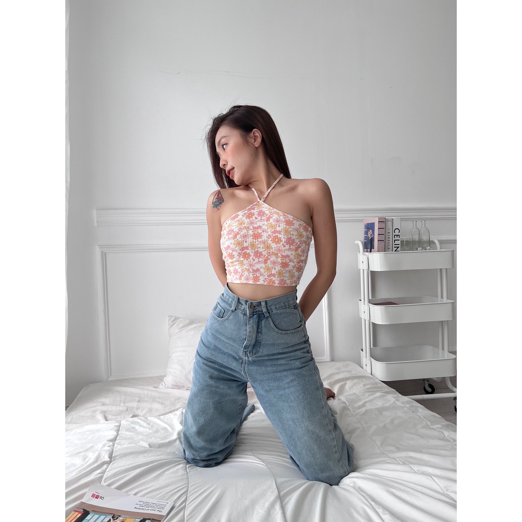 Áo Croptop Nữ Cổ Yếm Cột Dây Hoa Nhí FreesizeThun Gân LA BOUTIQUE