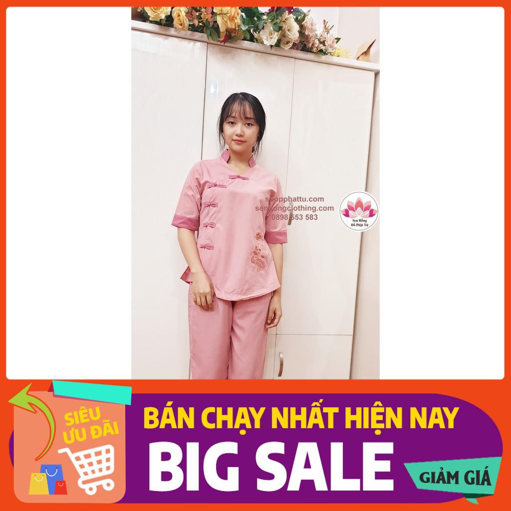 😍😘Quần áo Phật tử nữ màu hồng đẹp đài loan 5 nút - set lam đi chùa có sz 80kg