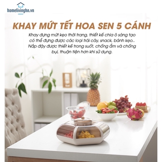 Khay đựng mứt, các hạt, bánh kẹo Tết 2021 hình cánh hoa sen 6 cánh tự bung 7 ngăn lịch sự, sang trọng
