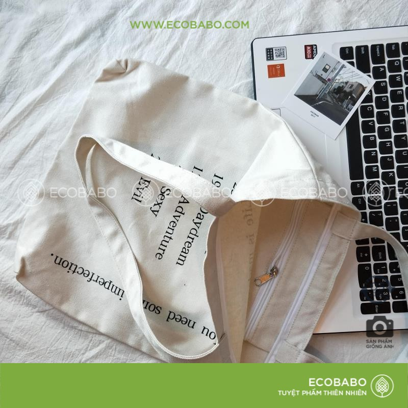 Túi vải bố họa tiết LIFE vintage tiện dụng bên trong có 1 túi nhỏ + 1 dây buộc túi | Ecobabo