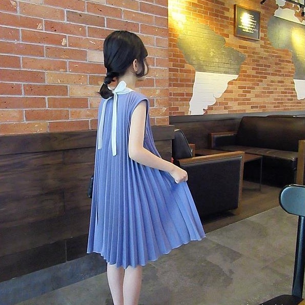 Đầm Xếp Ly Sát Nách Màu Tương Phản Thời Trang Mùa Hè Cho Bé Gái
