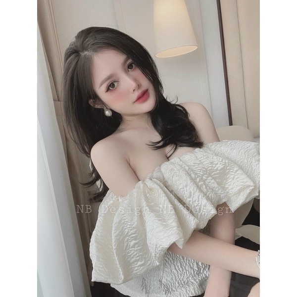 Áo trễ vai nữ chất liệu gấm, áo kiểu màu trắng nâu chuẩn hàng loại 1 Form chất bao chuẩn đẹp phong cách LyLy Shop