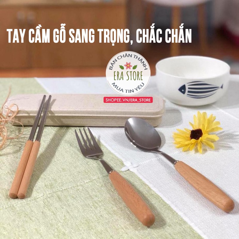 [LOẠI TỐT] Bộ 3 dụng cụ đũa thìa dĩa inox không gỉ tay gỗ văn phòng tiện lợi dễ dàng vệ sinh an toàn cho sức khỏe