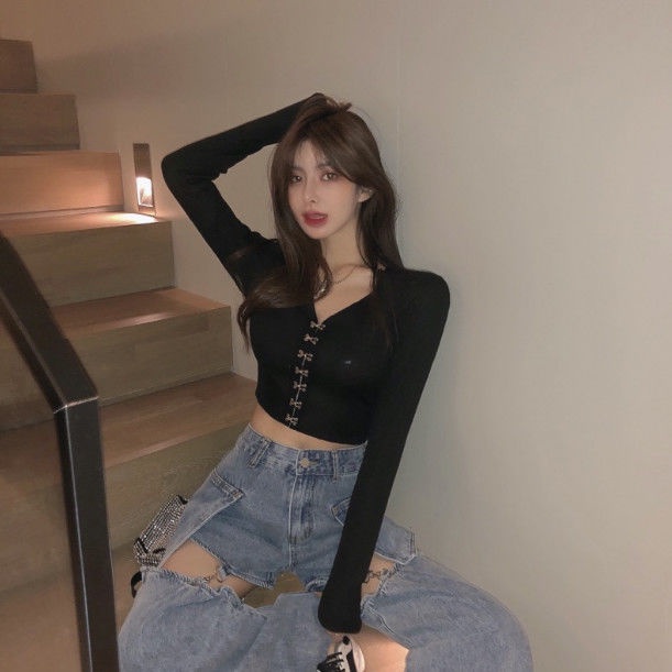 Jiashucheng Áo Croptop Dệt Kim Tay Dài Cổ Chữ V Thời Trang Thu Đông Phong Cách Mới
