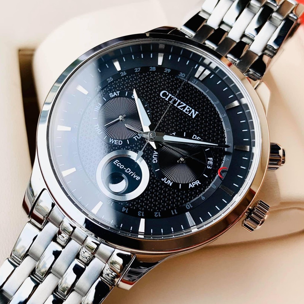 Đồng hồ Nam chính hãng Citizen Eco-Drive AP1050-56E Mặt đen,Lịch thứ ngày-Năng lượng ánh sáng-Dây kim loại-Size 42mm