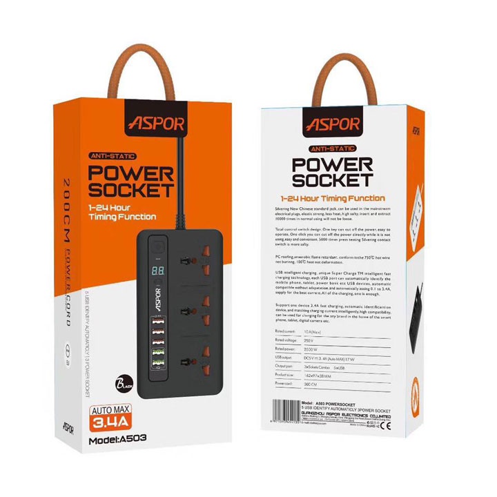 [MẪU MỚI]ASPOR A503 với 5 cổng USB Sạc nhanh 3.1A,Ổ hẹn giờ thông minh Tự Động TẮT,Phích cắm Đa Năng,Ổ Điện