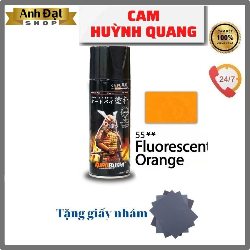 Sơn xịt samurai màu cam huỳnh quang 55**, dung tích 400ml, có khả năng kháng xăng (A92, A95), chống rạn nứt, bình xịt