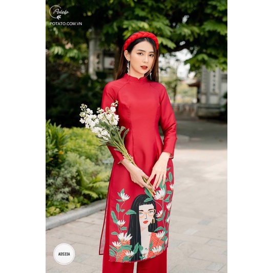 ÁO DÀI GẤM TẾT IN HÌNH CÔ GÁI ĐEO KÍNH HOT NHẤT THỊ TRƯỜNG