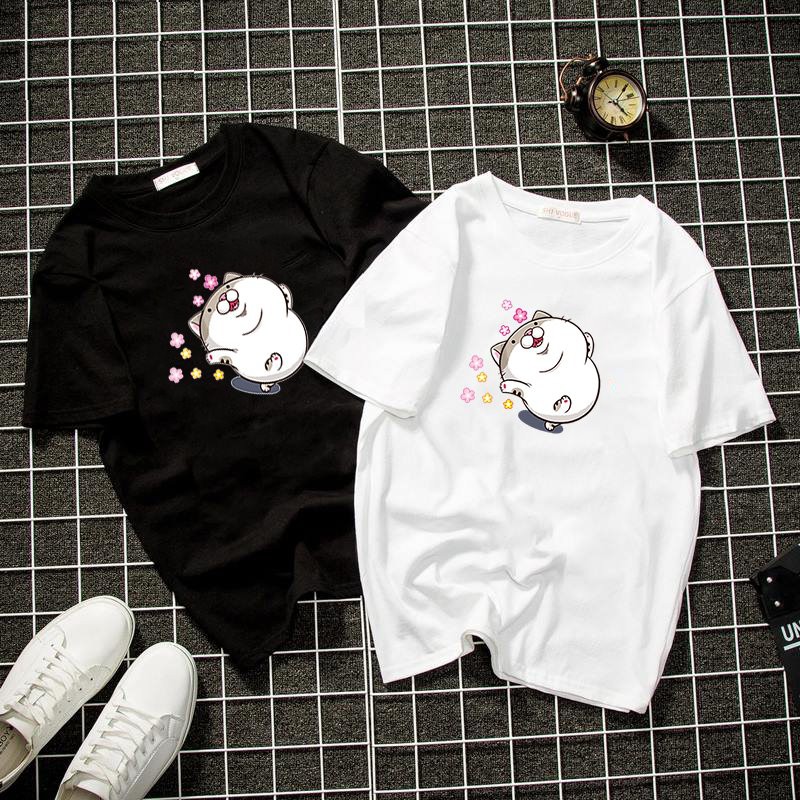 Áo thun unisex form rộng in mèo bụng bự chibi dễ thương vải dày mịn 2019T1110