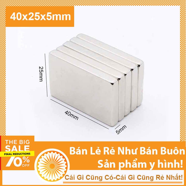 Nam châm đất hiếm hình chữ nhật 40x25x5mm lực từ mạnh N35