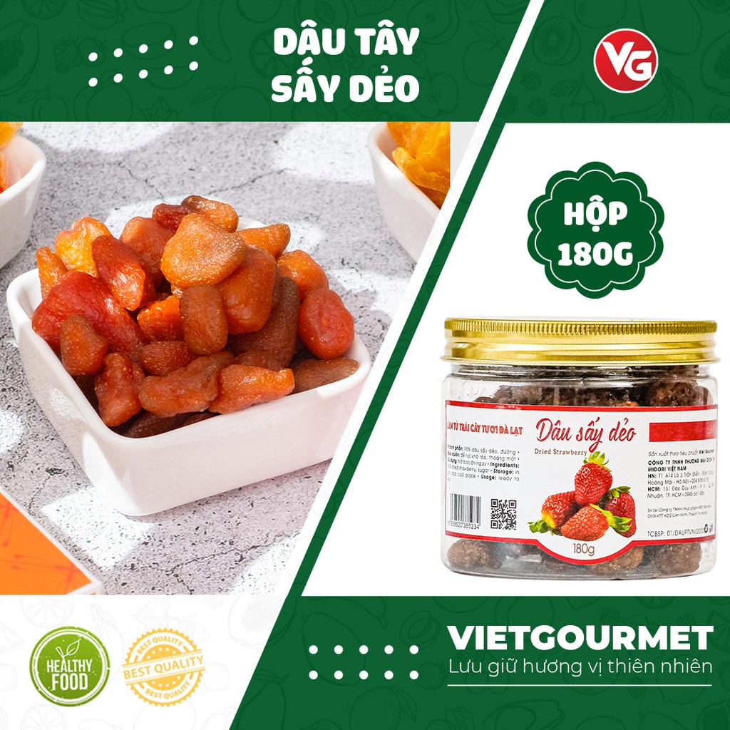 Dâu tây sấy dẻo 150g Vietgourmet hàng xuất khẩu, đồ ăn vặt healthy, đặc sản Việt