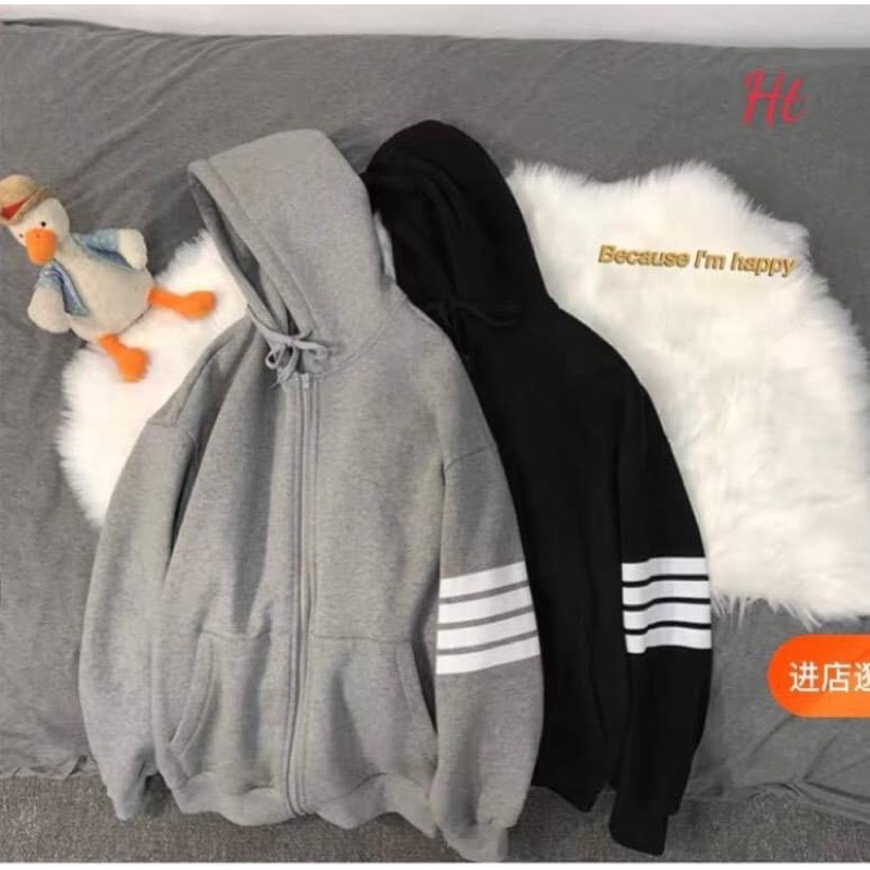 áo khoác nỉ khoá mũ 3 sọc tay bồng Kt55Ht62