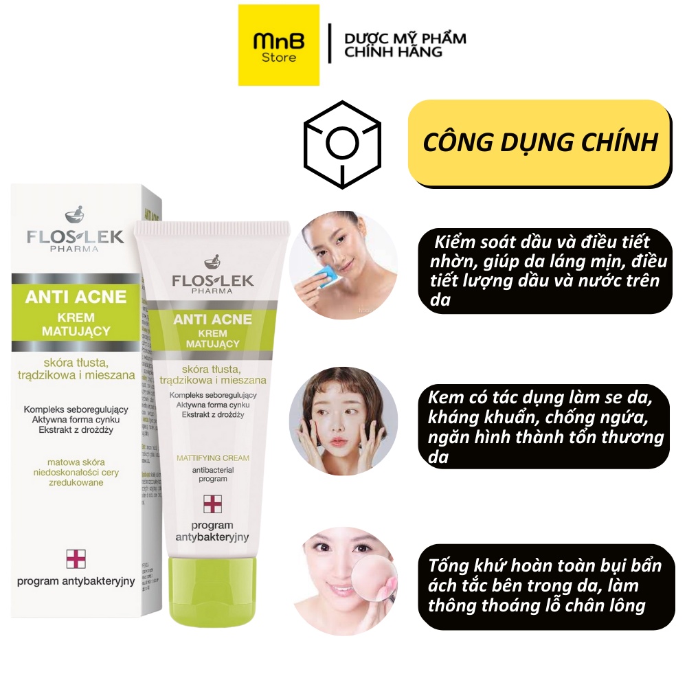 Kem kiểm soát dầu và điều tiết nhờn Floslek Anti Acne Mattifying Cream 50ml