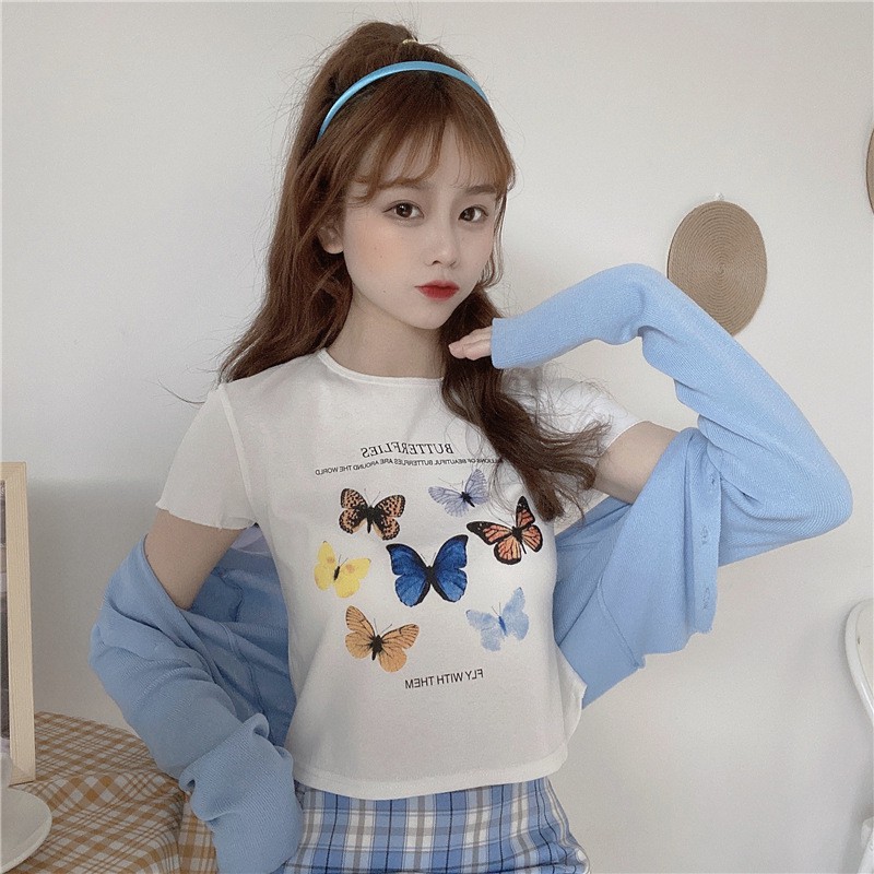 Áo croptop nữ ngắn tay ZOZORO ôm form in hình hồ điệp chất vải đẹp thoáng mát - AT10