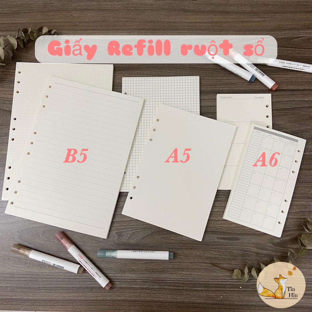 [Mã 151LSSALE giảm 10k đơn 50k] Giấy Refill Ruột Sổ Còng Sổ Planner Bullet journal Khổ A5/A6/B5 45 Tờ