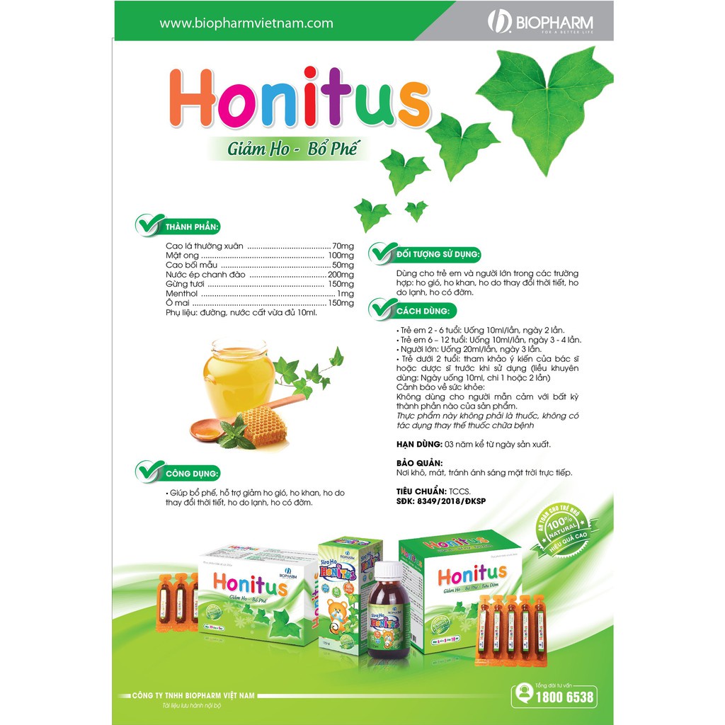 Siro giảm ho Honitus hộp 20 ống 5ml Giảm ho, bổ phế honitus ống nhỏ 5ml