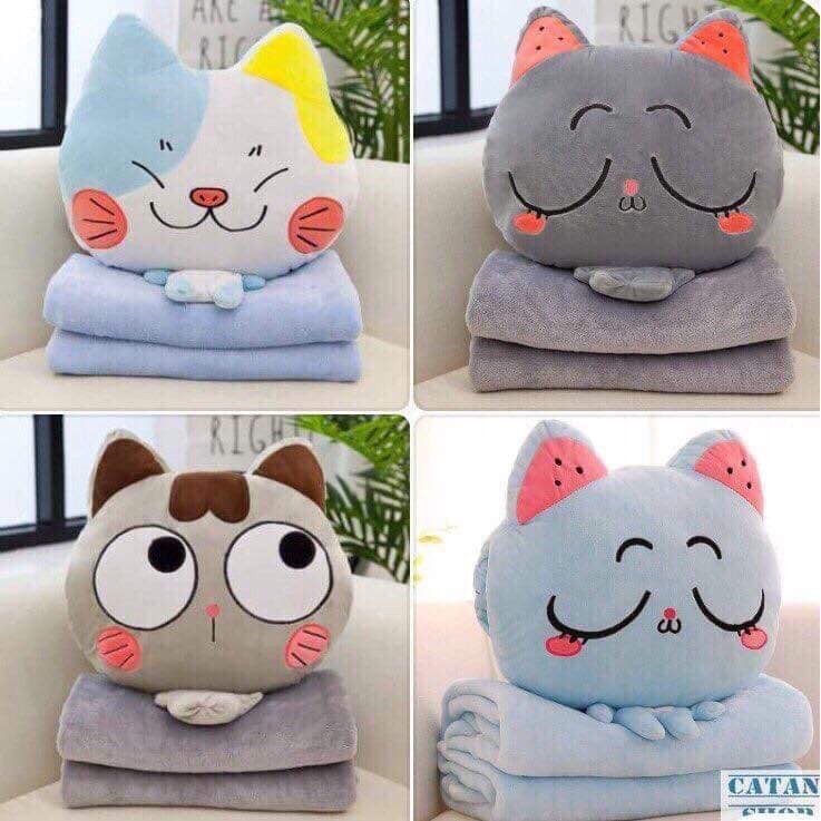 GỐI CHĂN Mèo Con 3 Trong 1 Xinh Xắn, Cute, Siêu Mịn, Gối Văn Phòng CAO CẤP