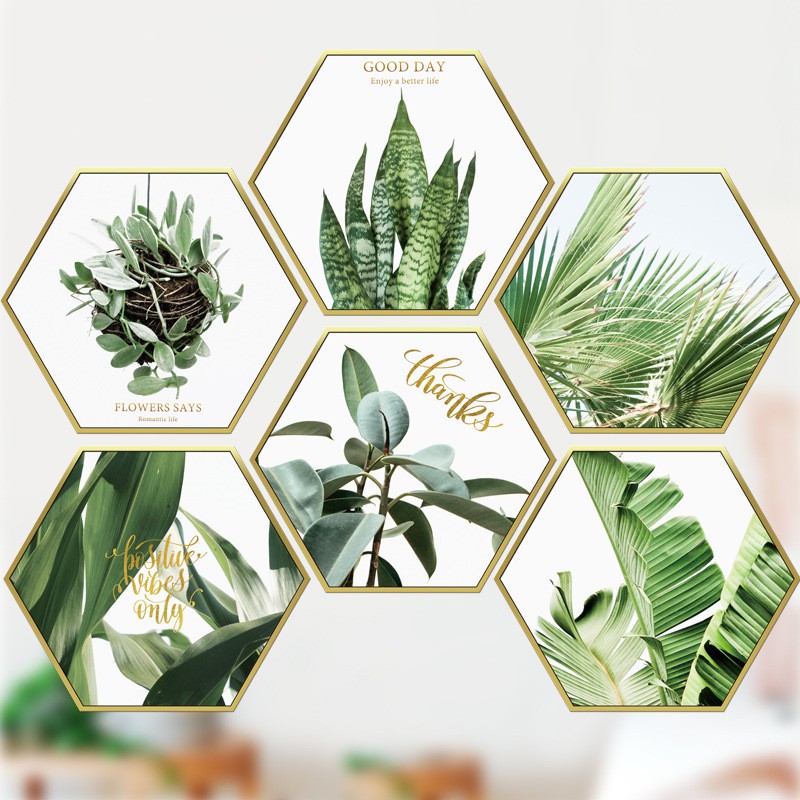 Decal dán tường khung ảnh lá cây hình lục giác trang trí nhà cửa phong cách bắc âu