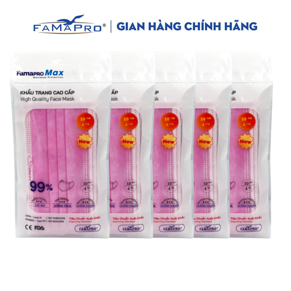 [TÚI-10 CÁI-MÀU HỒNG] COMBO 5 TÚI Khẩu trang y tế cao cấp kháng khuẩn 4 lớp Famapro max