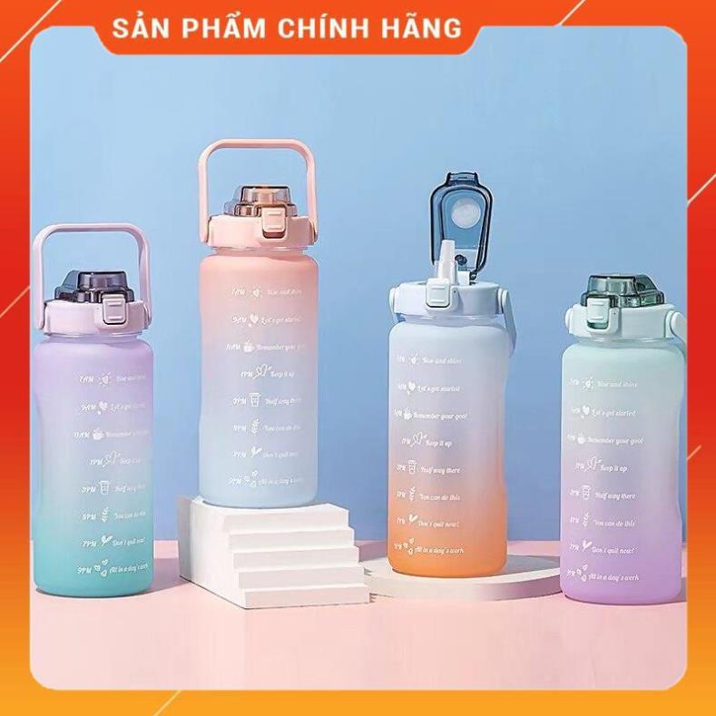 Bình Đựng Nước 2L Có Ông Hút Và Vạch Kẻ Báo Giờ Uống Nước Tặng Kèm Sticker Siêu Đáng Yêu