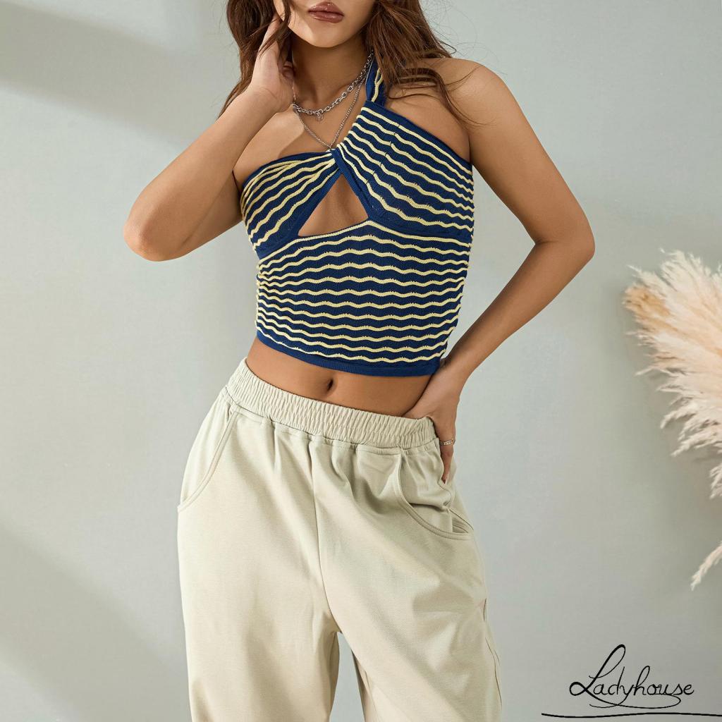 Áo Dệt Kim Không Tay Hở Vai Ôm Dáng Màu Sắc Tương Phản Dành Cho Nữ