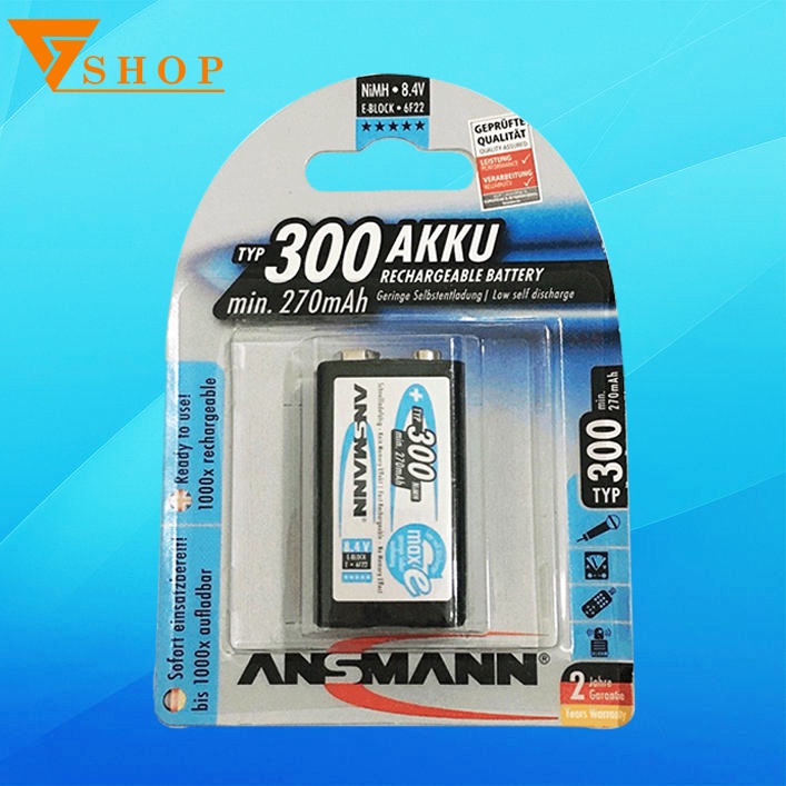 1 vỉ pin sạc 9V, pin vuông Ansmann 275mah (1 vỉ 1 viên )
