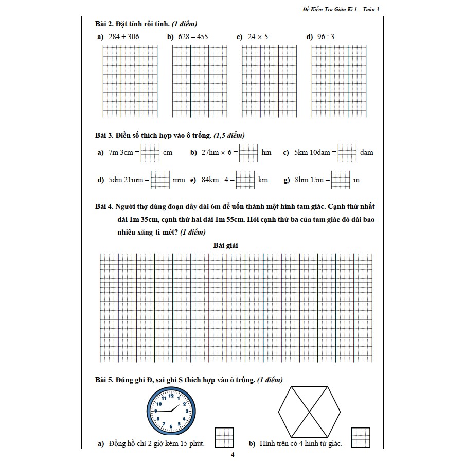 Sách - Đề Kiểm Tra Toán 3 - Học Kì 1 (1 cuốn)