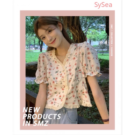 Áo sơ mi dáng rộng tay ngắn cổ chữ V in hoa thời trang mùa hè dành cho nữ