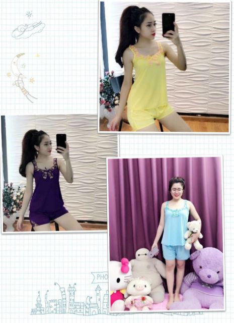 03 Bộ đồ ngủ Thun Lạnh cao cấp Thêu Ren freesize từ 35kg -&gt;65kg (giao 3 bộ đủ màu )