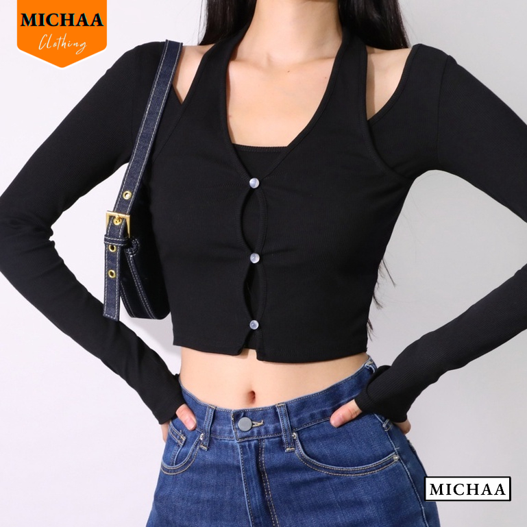 Áo Croptop Nữ Cổ Tròn TAY DÀI CHOÀNG CỔ Ôm Body, Áo Thun Croptop Kiểu Sexy Chất Thun Gân Thời Trang MICHAA CR72